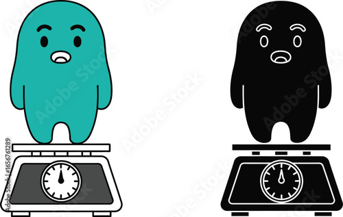 Cartoon character weight loss concept scales diet illustration