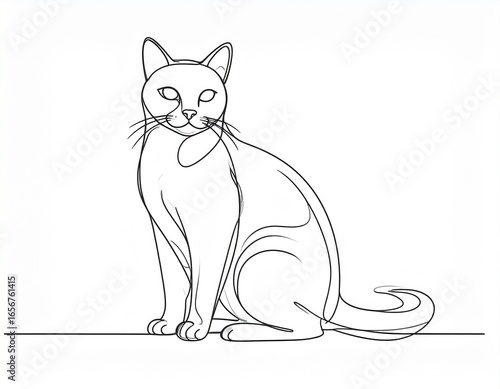 Elegant minimalist continuous line art illustration of a serene domestic cat sitting, perfect for modern design and animal lovers.