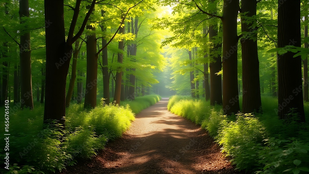Fototapeta premium A sunlit path winding through a lush green forest with bright light and tranquil scenery