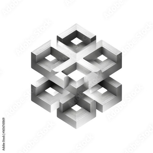 Abstract, symmetrical, three-dimensional, geometric shape, resembling a flower or snowflake, composed of interlocking, cubic modules in light gray
