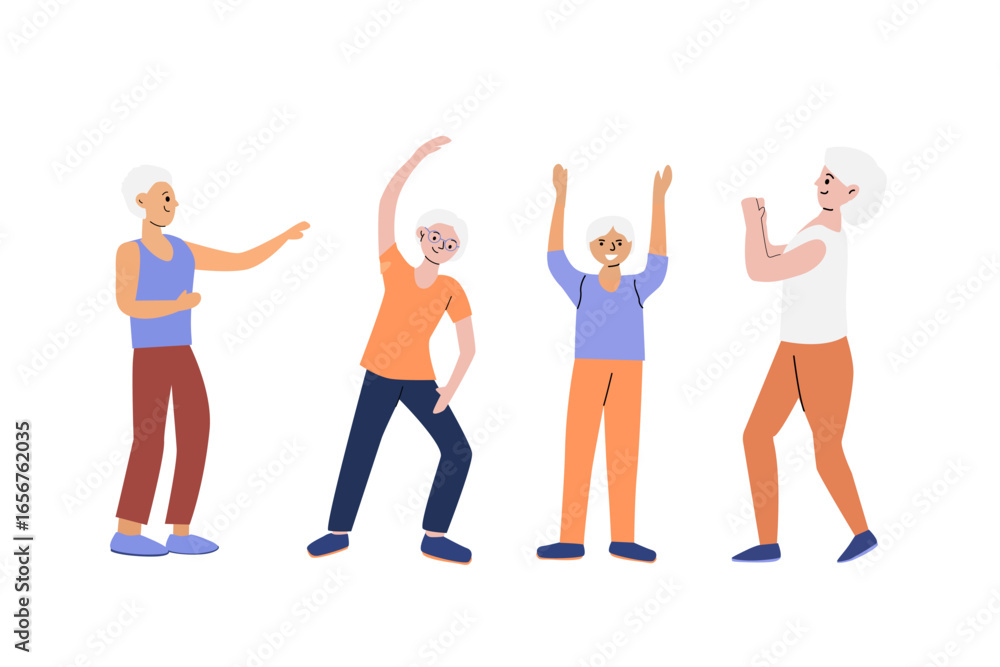 Fototapeta premium Elderly caucasian adults exercising in group with joyful movements, engaging in light aerobic fitness, stretching, and balance activities for health, energy, and social interaction.