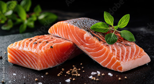 Fototapeta Naklejka Na Ścianę i Meble -  Fresh salmon fillets with herbs and spices on dark surface, showcasing vibrant colors and textures