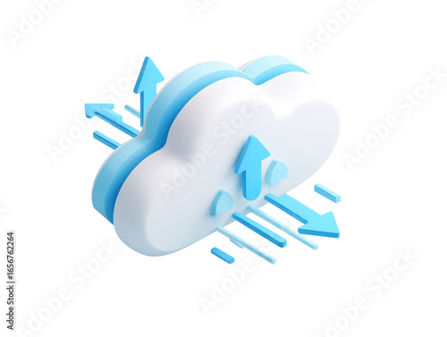 3D cloud icon with upward arrows.  A stylized cloud graphic with light-blue and white colors.  Multiple upward arrows radiate from the cloud.  Represents data transfer or cloud storage
