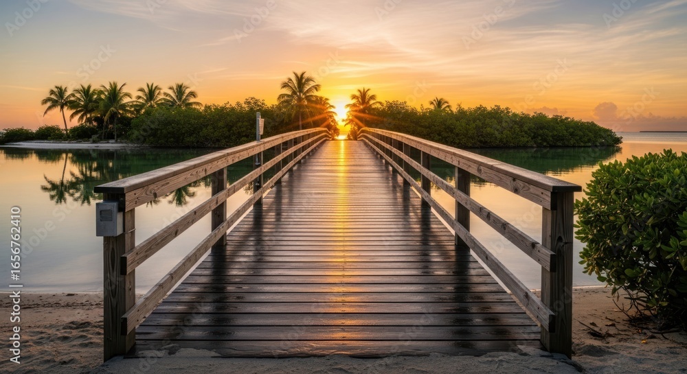 Fototapeta premium Sunrise over a tranquil wooden boardwalk leading to a small island