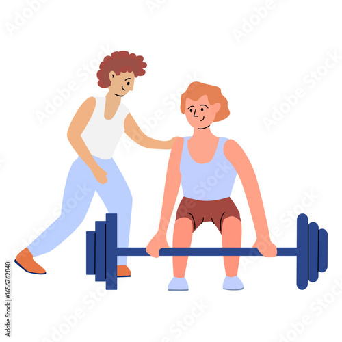 Young adult caucasian males exercising with barbell in gym cartoon style.