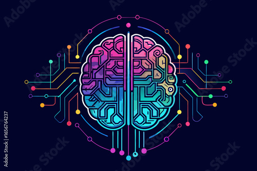 Vibrant digital brain concept with colorful neural network connections and glowing circuits symbolizing artificial intelligence and innovation in technology and science