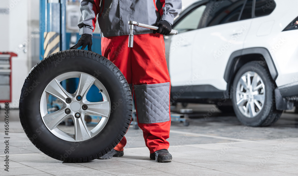 Fototapeta premium Concept replacement of winter and summer wheels. Mechanic holding tire at repair garage