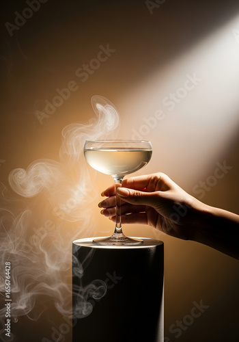 A hand holds a coupe glass filled with a clear cocktail, surrounded by swirling smoke, illuminated by a dramatic spotlight