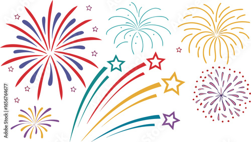 Big set of various fireworks with brightly shining sparks. Colorful pyrotechnics show. Realistic fireworks celebration isolated vector illustration. a realistic and colorful vector illustration.