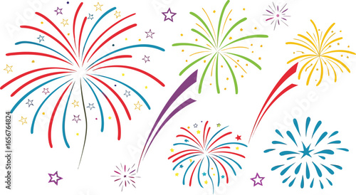 Big set of various fireworks with brightly shining sparks. Colorful pyrotechnics show. Realistic fireworks celebration isolated vector illustration. a realistic and colorful vector illustration.