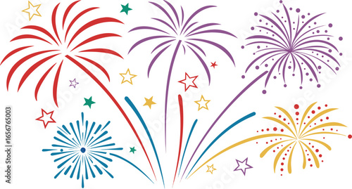 Big set of various fireworks with brightly shining sparks. Colorful pyrotechnics show. Realistic fireworks celebration isolated vector illustration. a realistic and colorful vector illustration.