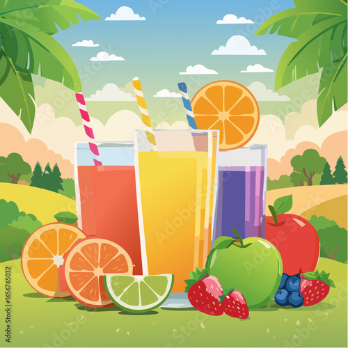 Fresh fruit juices in glasses, surrounded by colorful fruits
