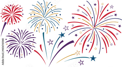 Big set of various fireworks with brightly shining sparks. Colorful pyrotechnics show. Realistic fireworks celebration isolated vector illustration. a realistic and colorful vector illustration.