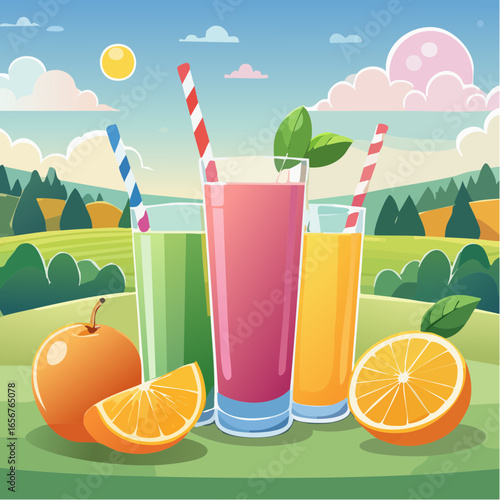 Fresh fruit juices in glasses, surrounded by colorful fruits
