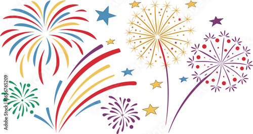 Big set of various fireworks with brightly shining sparks. Colorful pyrotechnics show. Realistic fireworks celebration isolated vector illustration. a realistic and colorful vector illustration.