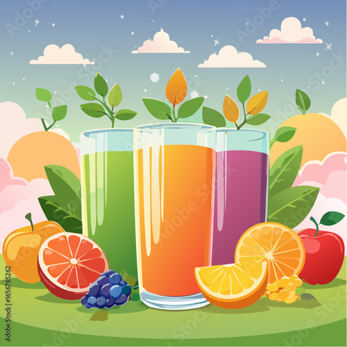Fresh fruit juices in glasses, surrounded by colorful fruits