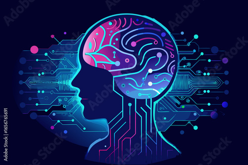 Dynamic AI concept visualizing intelligent human mind processing data with glowing digital circuits and neural pathways, representing innovation and future technology.