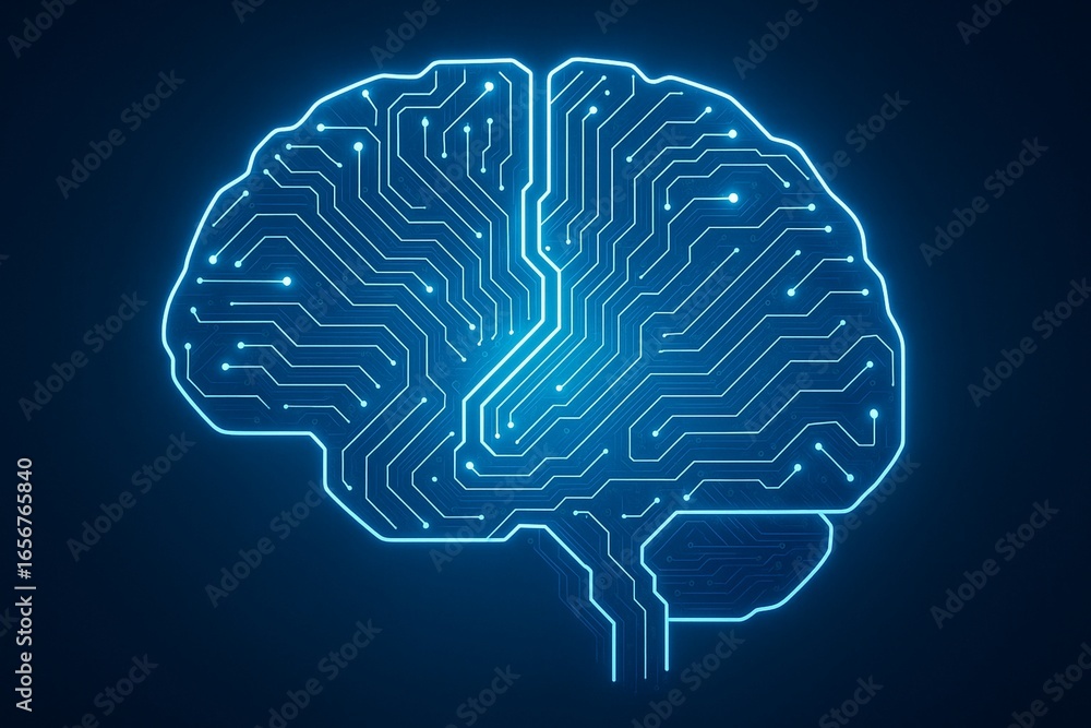 Obraz premium Glowing blue digital brain circuit board pattern representing artificial intelligence and technology