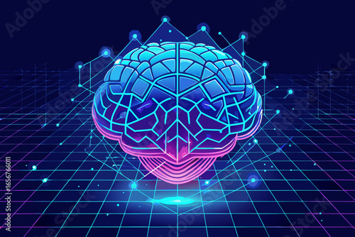 Experience the future of artificial intelligence with a vibrant, glowing neural network brain symbolizing innovation, connectivity, and digital transformation in a futuristic grid.