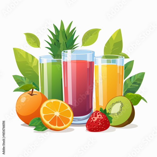 Fresh fruit juices in glasses, surrounded by colorful fruits