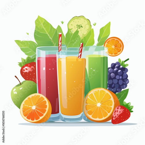 Fresh fruit juices in glasses, surrounded by colorful fruits
