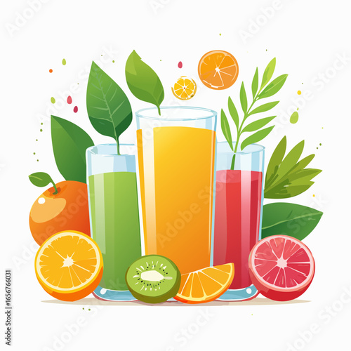 Fresh fruit juices in glasses, surrounded by colorful fruits