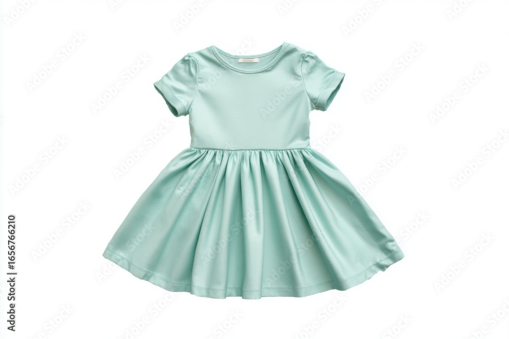 Baby girl satin fancy dress isolated on white background. Fashion Clothes for Children. Pastel mint green kids dress with short sleeves. Cute dress for little daughter. Babyhood, clothing concept Baby girl satin fancy dress isolated on white background. Fashion Clothes for Children. Pastel mint green kids dress with short sleeves. Cute dress for little daughter. Babyhood, clothing concept