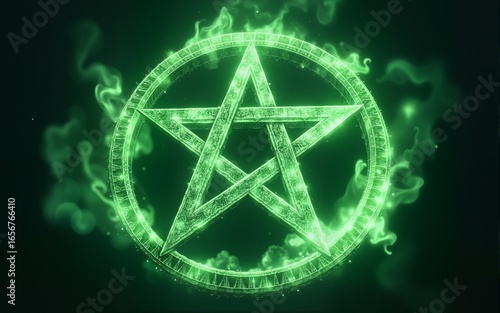 Mystical pentagram ritual with vibrant green energy and swirling effects for fantasy storytelling and design. High quality