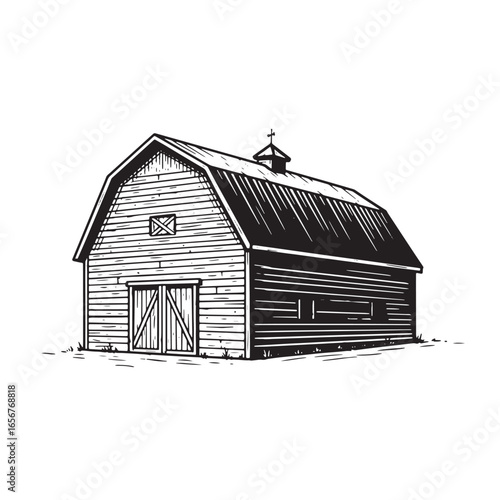 A detailed black and white barn illustration depicting rustic farm structure