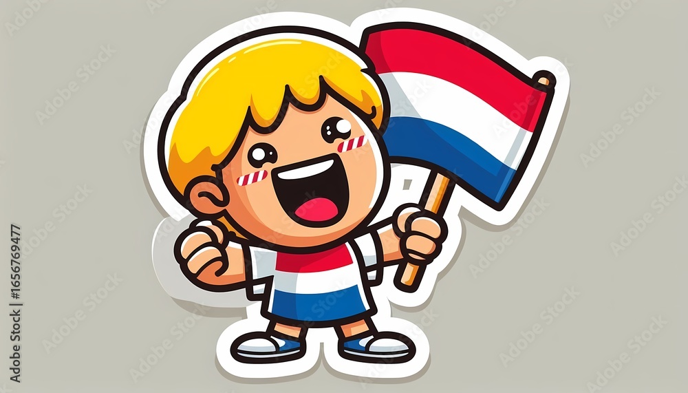 Fototapeta premium Cheerful Cartoon Dutch Boy Waving the Netherlands Flag