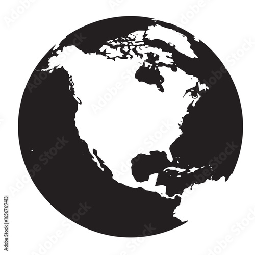 Black and white globe depicting north america centered on a vector illustration