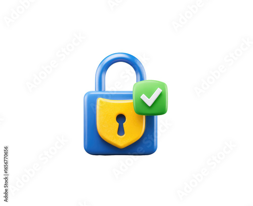 A stylized, 3D lock icon with a green checkmark and a yellow shield, signifying security and verification.  The lock is a vibrant blue, and the shield is a bright yellow
