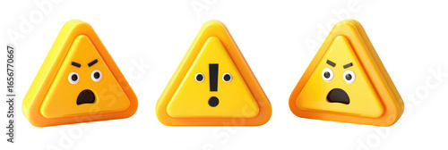 Three yellow triangular emoji faces
