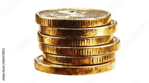 A dollar coin stack clipart, savings element, realistic digital painting, shiny gold, isolated on white background.