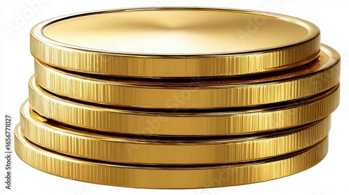 A dollar coin stack clipart, savings element, realistic digital painting, shiny gold, isolated on white background.