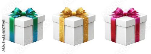 Three white gift boxes with teal, gold, and pink ribbons