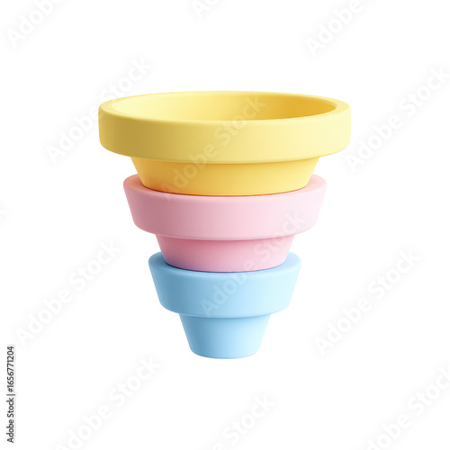 Colorful funnel graphic, pastel shades.  Three tiers.  Abstract design