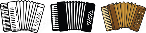 Three different illustrations of accordions, showcasing design and color variations. Perfect for cultural music design, German celebration, and European heritage themes.