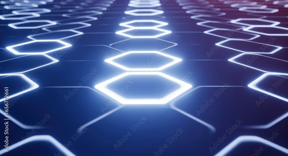 Obraz premium Abstract futuristic hexagonal pattern background with glowing blue neon lines