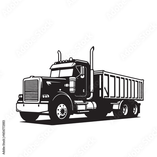 Black and white vector illustration of a classic semi truck with a large cargo trailer