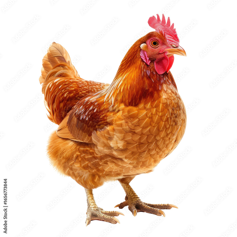 Fototapeta premium and keyword list based on the image.. Brown Chicken Standing on Grass in Field