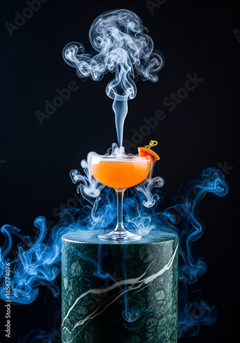 A vibrant orange cocktail in a coupe glass, emitting dramatic smoke effects against a dark background