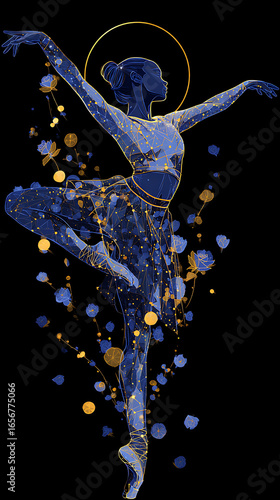 Yoga Lotus Silhouette Midnight Blue Gold Holographic Design - Futuristic Meditation App Background Wellness Digital Art Portrait Format Spiritual