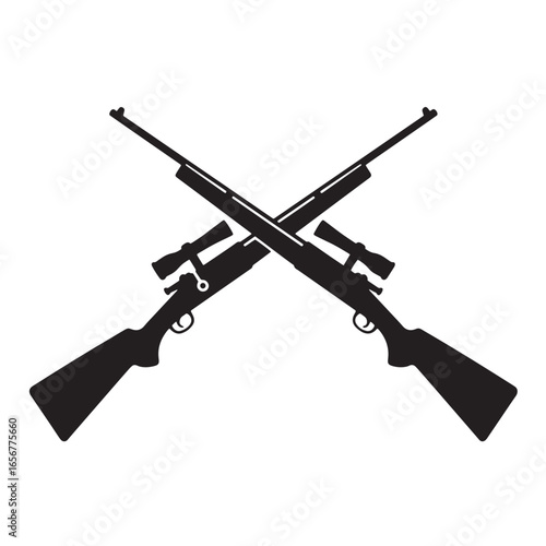 Crossed silhouette of two rifles with scopes representing hunting or military conflict