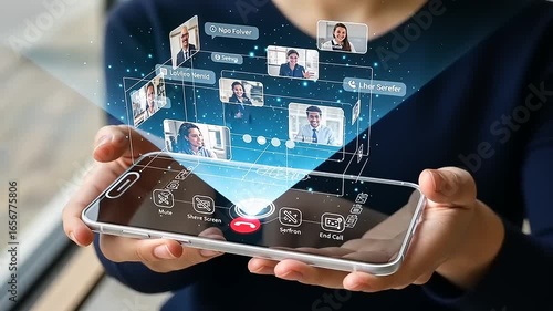 Futuristic holographic video call interface displayed on smartphone with interconnected digital