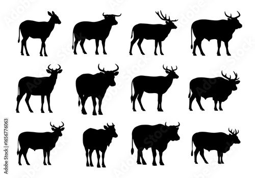 Twelve animal silhouettes arranged in a grid pattern featuring deer and cattle variations posed sideways