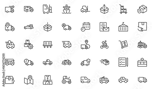 Logistics and inventory line icon set highlighting boxes, warehousing, and delivery features. Thin outline icons pack. Vector illustration. editable stroke