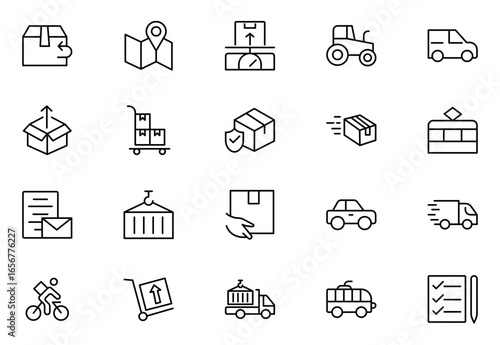 Logistics and inventory line icon set highlighting boxes, warehousing, and delivery features. Thin outline icons pack. Vector illustration. editable stroke