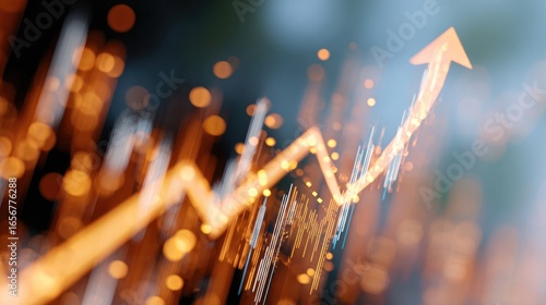 Ascending Trend: Capturing the essence of progress, an illuminated upward arrow soars against a backdrop of blurred lights, symbolizing growth and success.