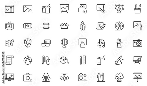 Art and culture line icon set. Creativity, sculpture, architecture, museum, theater, gallery and painting. Thin outline icons pack. Vector illustration. editable stroke